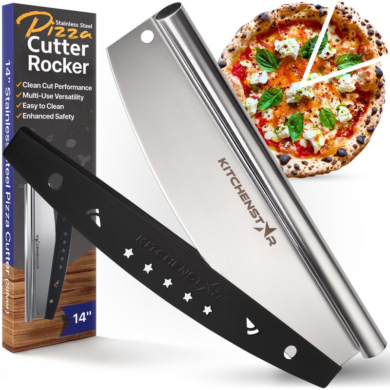 kitchen-star 14” Pizza Cutter by KitchenStar | Sharp Stainless Steel Slicer Knife - Rocker Style w Blade Cover | Chop and Slices Perfect Portions + Dishwasher Safe – Premium Pizza Oven Accessories - Image 1