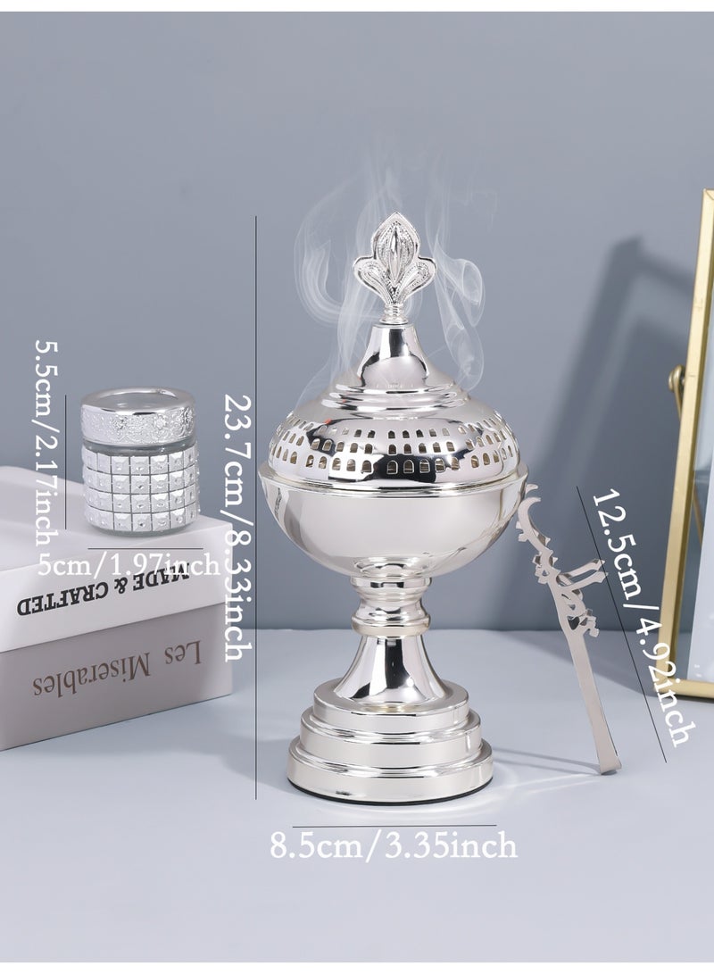 مجموعة مبخرة معدنية فاخرة، مبخرة فضية أنيقة، مناسبة للديكور الداخلي للمنزل، للاستخدام في المكاتب، هدية لأفضل صديق - Image 5