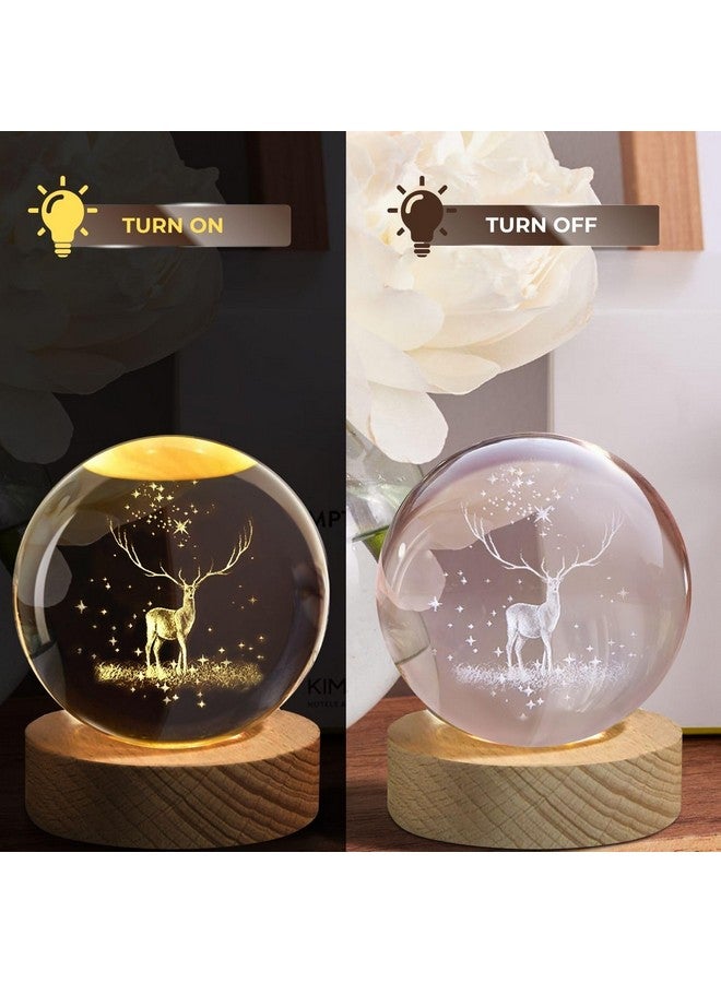 One94Store مصباح كرة كريستال منقوش ثلاثي الأبعاد على شكل غزال من One94Store | ضوء ليلي LED USB مع قاعدة خشبية | مصباح طاولة كريستالي إبداعي بقطر 6 سم لغرفة النوم، المنزل، ديكور المكتب والهدايا (أبيض دافئ) - Image 4