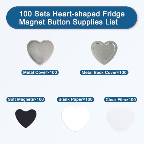 MK.Bear 100 Sets Heart Button Maker Supplies 54mm/2.13in，Button Parts for Heart-Shaped Fridge Magnet Maker Machine，Including Metal Cover, Metal Back Cover, Clear Film, Blank Paper, Soft Magnet - Image 2