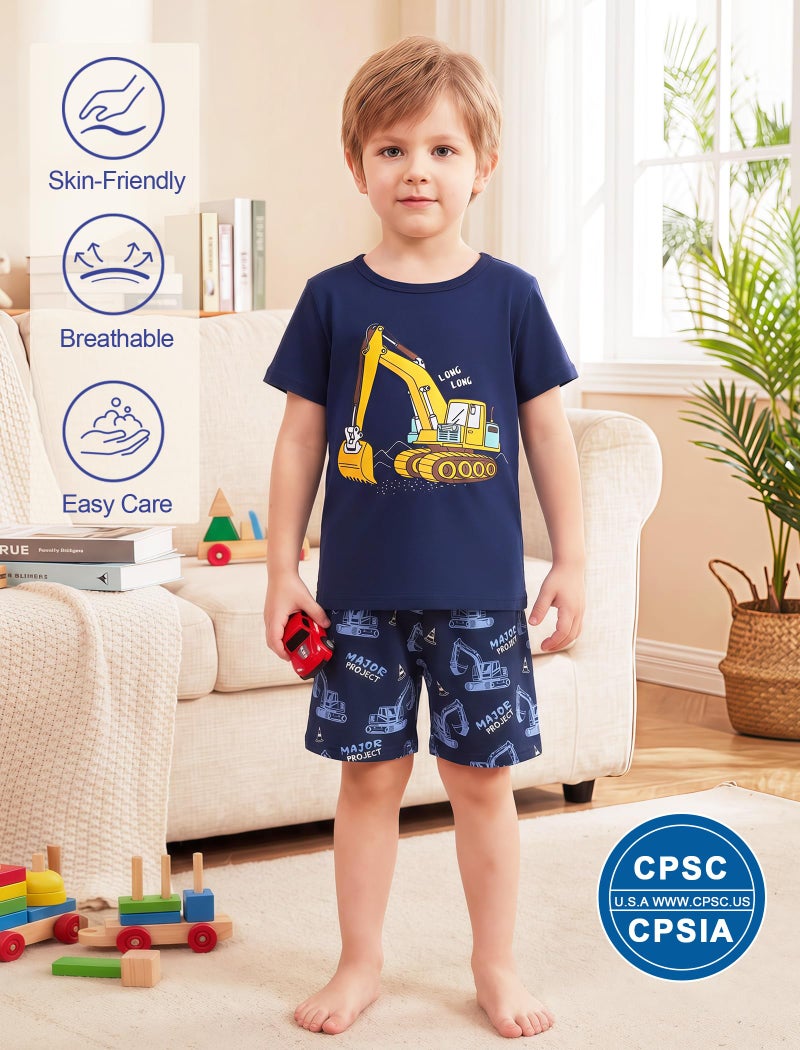 Mikrdoo Boys Pajamas Summer Cotton Short Sleeve 2-Piece Breathable Kids PJs Soft Sleepwear Set, Navy Excavator, 5T - Image 3