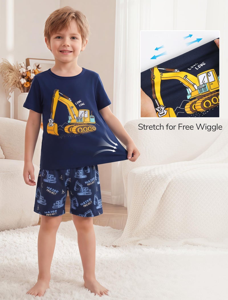 Mikrdoo Boys Pajamas Summer Cotton Short Sleeve 2-Piece Breathable Kids PJs Soft Sleepwear Set, Navy Excavator, 5T - Image 4