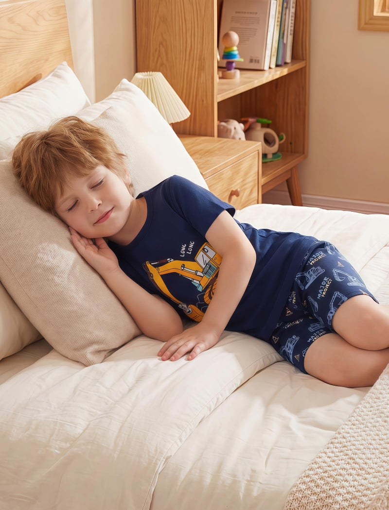 Mikrdoo Boys Pajamas Summer Cotton Short Sleeve 2-Piece Breathable Kids PJs Soft Sleepwear Set, Navy Excavator, 5T - Image 2