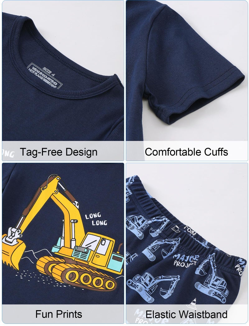 Mikrdoo Boys Pajamas Summer Cotton Short Sleeve 2-Piece Breathable Kids PJs Soft Sleepwear Set, Navy Excavator, 5T - Image 5