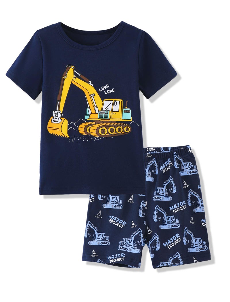 Mikrdoo Boys Pajamas Summer Cotton Short Sleeve 2-Piece Breathable Kids PJs Soft Sleepwear Set, Navy Excavator, 5T - Image 1