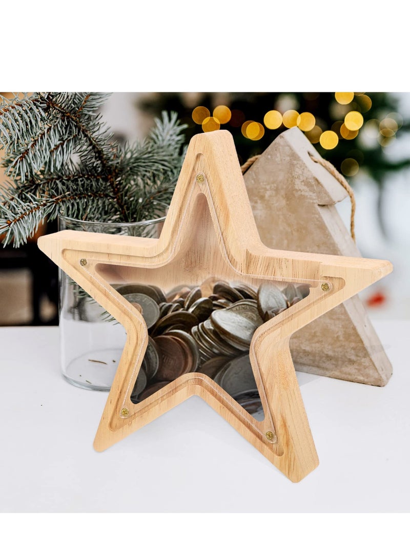 Excefore Home Decor Wooden Money Bank Piggy Banks for Teenagers Star Shaped Coin Bank See Through Piggy Bank for Boys Girls Baby First Savings Bank Nursery Decoration Vintage Decor - Image 4