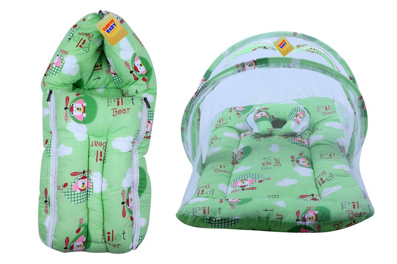 Fareto New Born Baby Mattress with Mosquito Net & Sleeping Bag Combo (0-6 Months) (Green) - Image 1