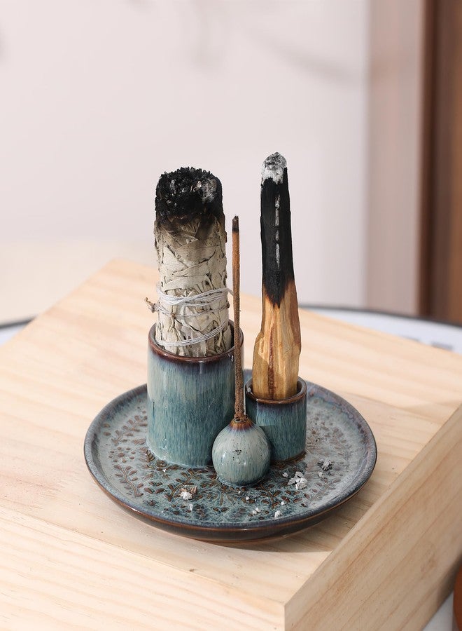 Reyife 5 in 1 Incense Holder Burner, 5.9" Ceramic Holder for Burning Palo Santo Sage Candle and Incense Sticks Cones, Ash Catcher Tray for Meditation Room Home Décor (Bluegrey) - Image 5