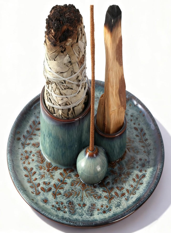 Reyife 5 in 1 Incense Holder Burner, 5.9" Ceramic Holder for Burning Palo Santo Sage Candle and Incense Sticks Cones, Ash Catcher Tray for Meditation Room Home Décor (Bluegrey) - Image 1