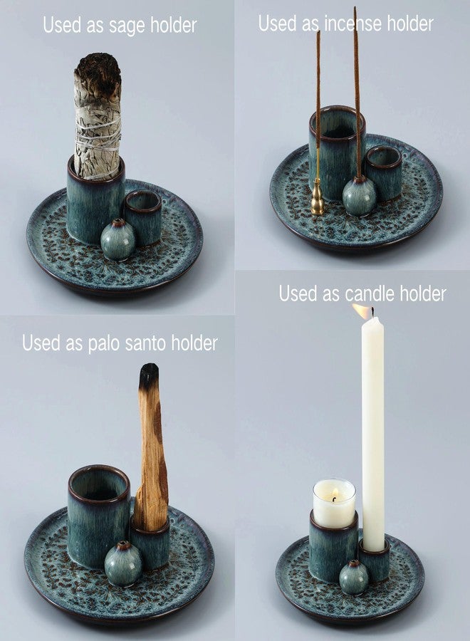 Reyife 5 in 1 Incense Holder Burner, 5.9" Ceramic Holder for Burning Palo Santo Sage Candle and Incense Sticks Cones, Ash Catcher Tray for Meditation Room Home Décor (Bluegrey) - Image 2