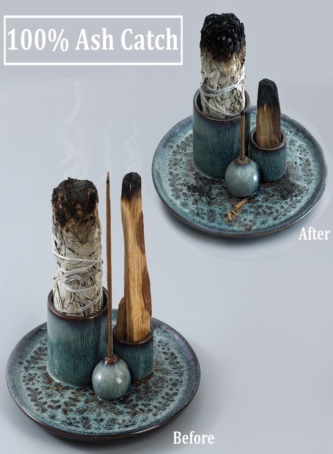 Reyife 5 in 1 Incense Holder Burner, 5.9" Ceramic Holder for Burning Palo Santo Sage Candle and Incense Sticks Cones, Ash Catcher Tray for Meditation Room Home Décor (Bluegrey) - Image 3