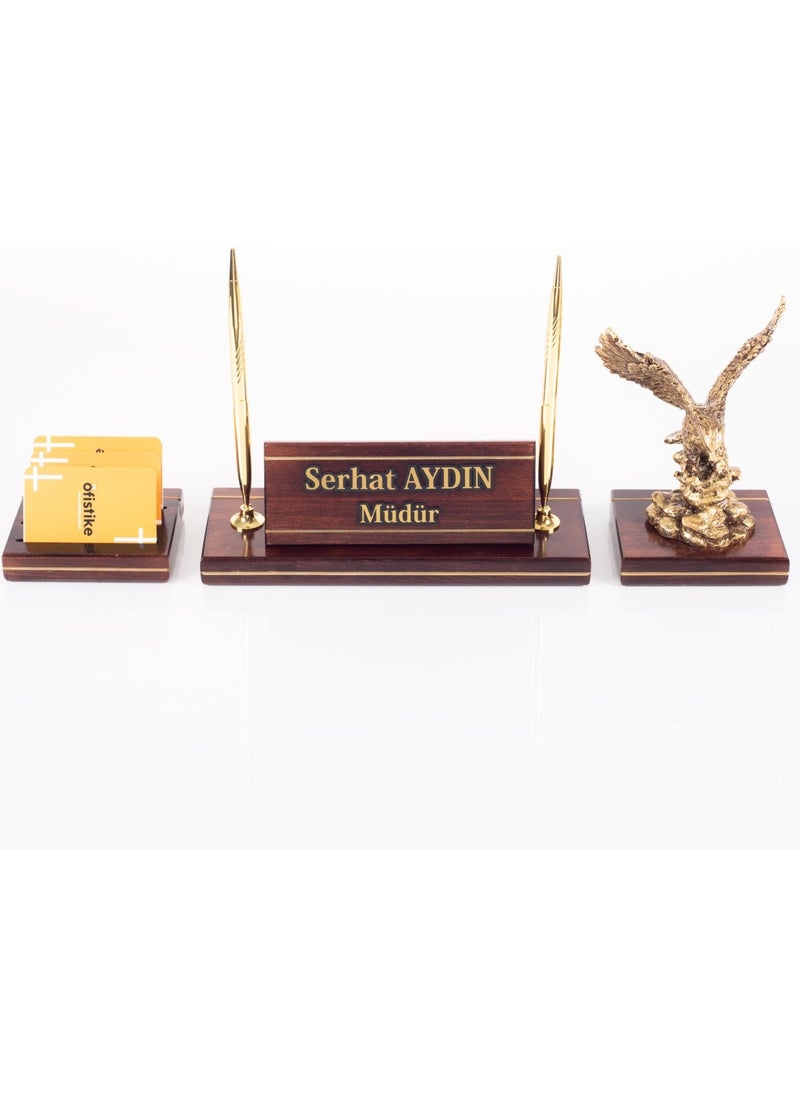 Ofistike Genuine Mahogany Table Nameplate Executive Tabletop Nameplate Brass Embroidered Solid 3 Piece Eagle Statue  - Image 3
