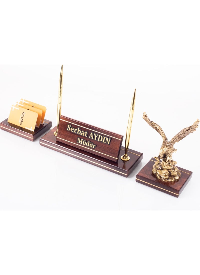 Ofistike Genuine Mahogany Table Nameplate Executive Tabletop Nameplate Brass Embroidered Solid 3 Piece Eagle Statue  - Image 1