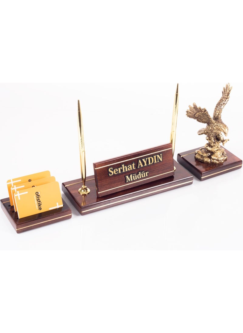 Ofistike Genuine Mahogany Table Nameplate Executive Tabletop Nameplate Brass Embroidered Solid 3 Piece Eagle Statue  - Image 4