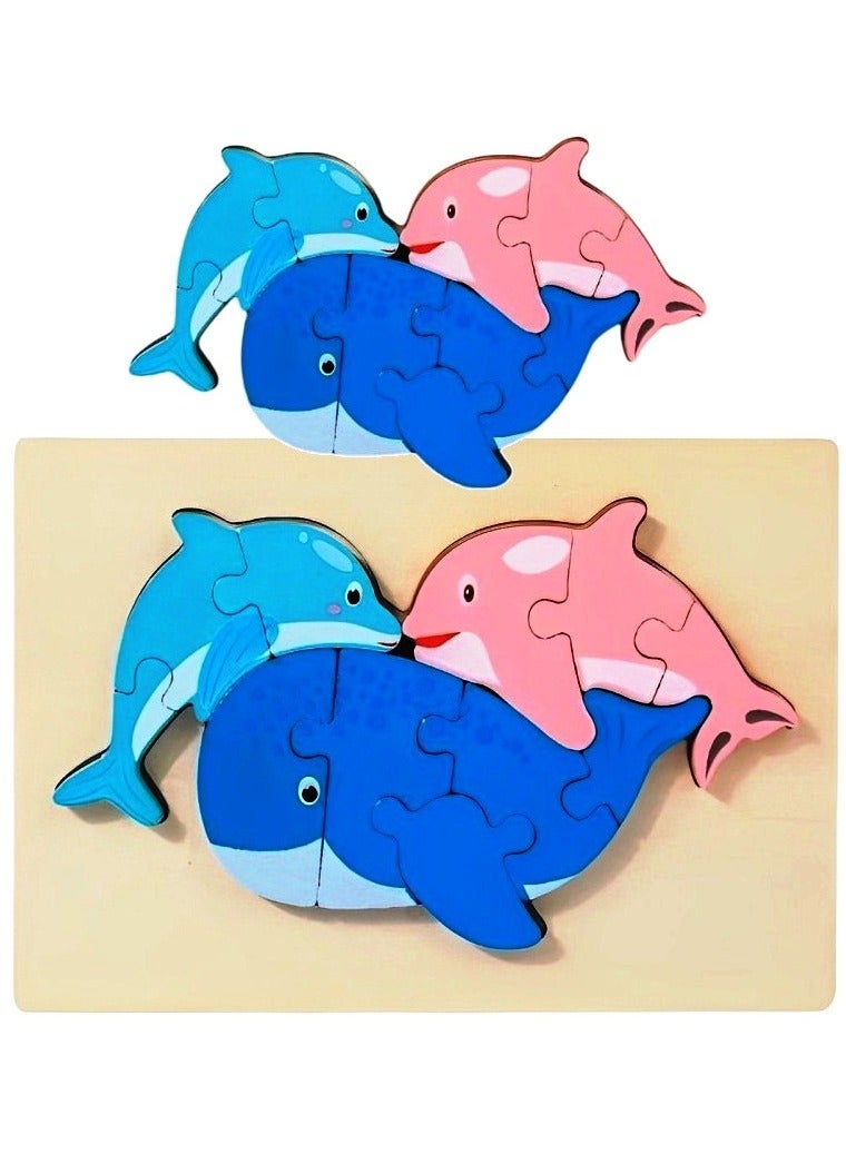 ألغاز خشبية ثلاثية الأبعاد بتصميم عائلة الحيوانات للأطفال الصغار، أدوات دعم التعليم المبكر للآباء والمعلمين، ألوان وأنماط جذابة، صممت لتنمية المهارات الحركية من مونتيسوري، هدايا رائعة (عائلة الدولفن) - Image 1