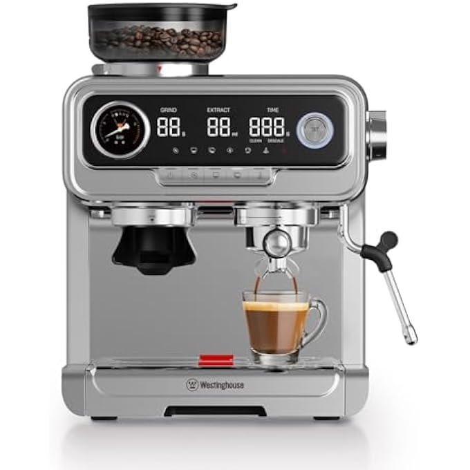 ويستنجهاوس ماكينة صنع قهوة الإسبريسو مع مطحنة مدمجة، مضخة ضغط 15 بار، وقت تسخين سريع للغاية في 3 ثوانٍ، أدوات تحكم رقمية تعمل باللمس، من 1 إلى 30 إعداد طحن، فولاذ مقاوم للصدأ Wkcmhc502 - Image 1