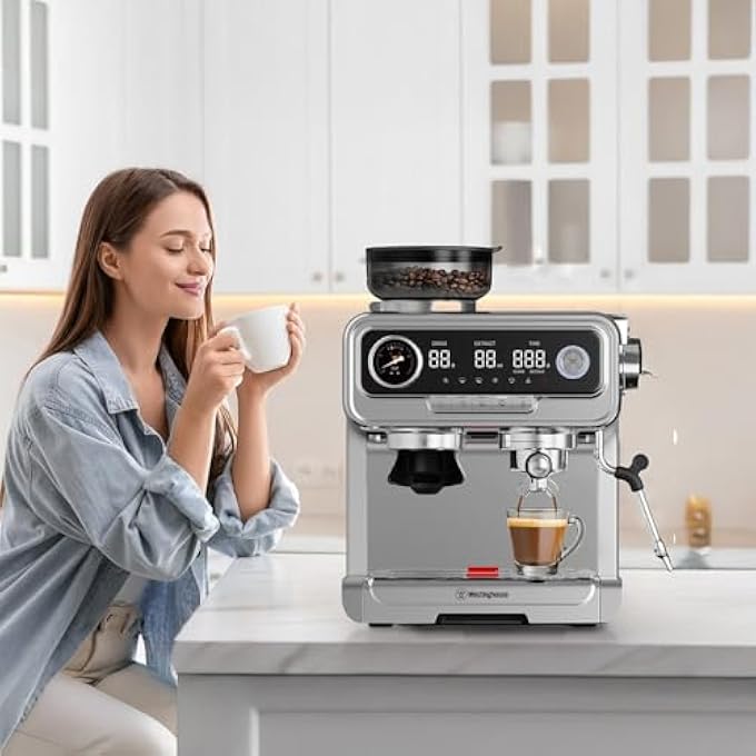ويستنجهاوس ماكينة صنع قهوة الإسبريسو مع مطحنة مدمجة، مضخة ضغط 15 بار، وقت تسخين سريع للغاية في 3 ثوانٍ، أدوات تحكم رقمية تعمل باللمس، من 1 إلى 30 إعداد طحن، فولاذ مقاوم للصدأ Wkcmhc502 - Image 3