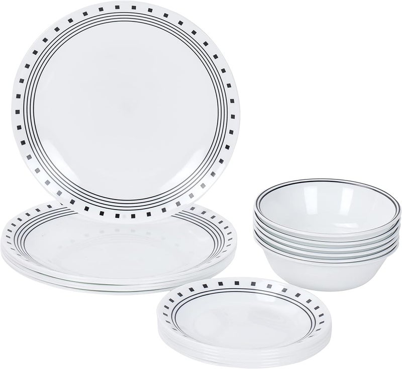 كوريل 1 طقم عشاء Corelle 18 قطعة من زجاج Vitrelle بتصميم City Block مقاوم للرقائق والكسر، لـ 6 أشخاص، أسود - Image 1