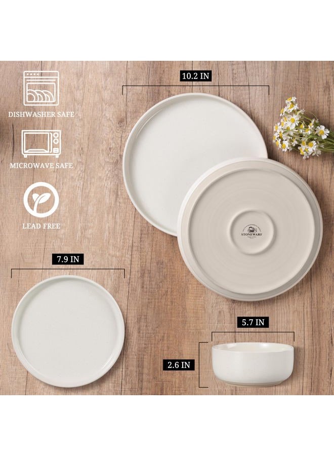 HaWare Stoneware Dinnerware Sets, 12-Piece Plates and Bowls Set for 4, Dishes Set for Home Restaurant, Speckled Milky White - Image 2