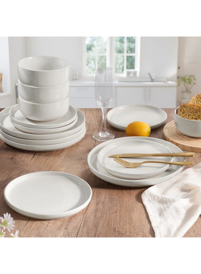 HaWare Stoneware Dinnerware Sets, 12-Piece Plates and Bowls Set for 4, Dishes Set for Home Restaurant, Speckled Milky White - Image 4