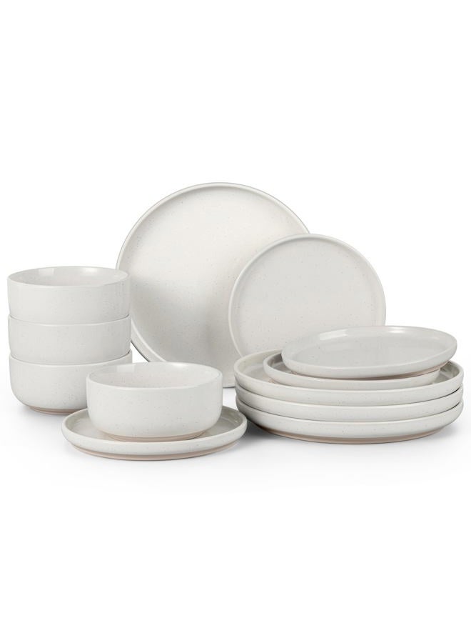 HaWare Stoneware Dinnerware Sets, 12-Piece Plates and Bowls Set for 4, Dishes Set for Home Restaurant, Speckled Milky White - Image 1