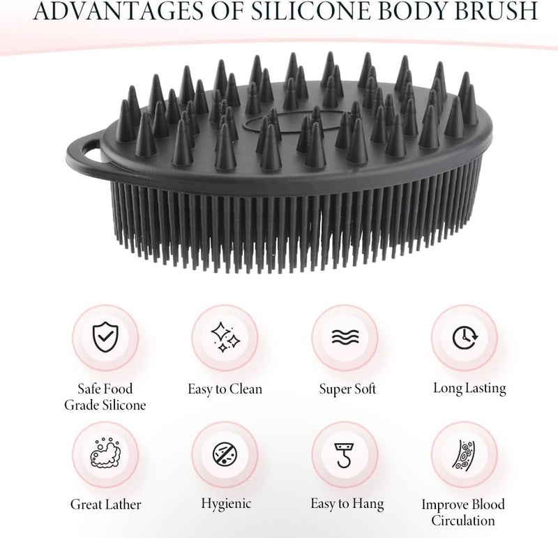 KQNBI Silicone Body Scrubber, Loofah Exfoliating Body Scrubber, Silicone Loofah Shower Body Scrubber 1 Pack, 2 in 1 Body Exfoliator Scrubber with Handle Body Scrub Bath Scrubber Brush for Men Women, Black - Image 3