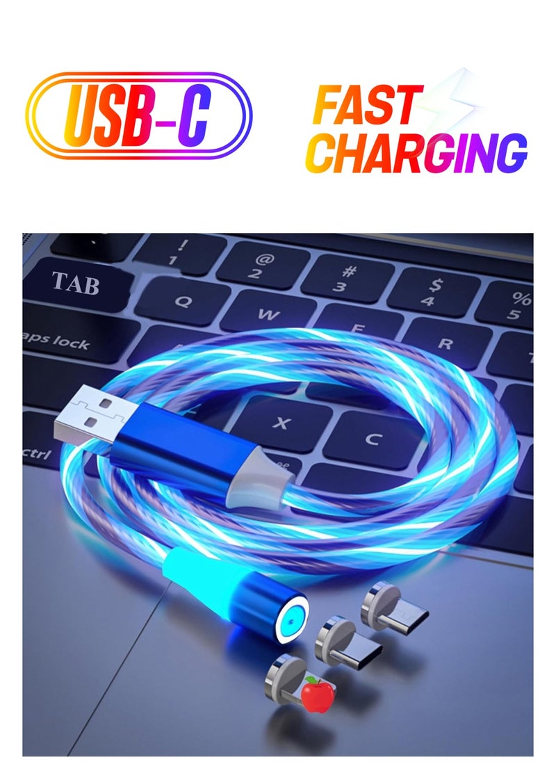 Goolsky 3 in 1 Magnetic Light Up Charging Cable 360 Rotating LED Phone Charger Multi Charging Cable Led Flowing Fast Charging Cord Compatible with Most Cell Phones(1M Blue)  - Image 1