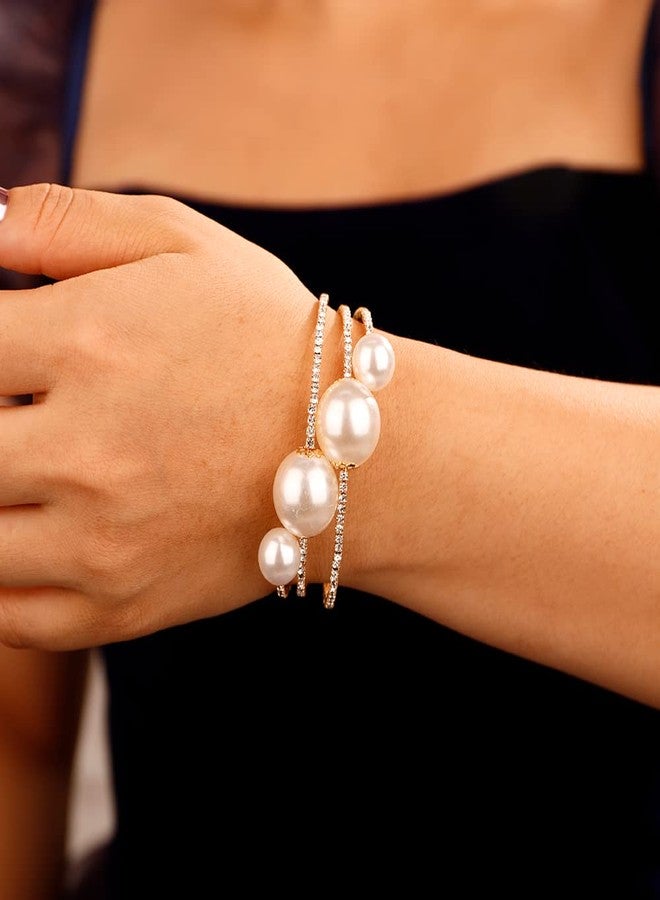 Xerling Big Pearl Bracelets Multi Layered Gold Rhinestones Hand Bracelets for Women Dainty Crystal Hand Jewelry for Wedding Bridal Statement Hand Chain Bracelets (Type B-Gold) - Image 2
