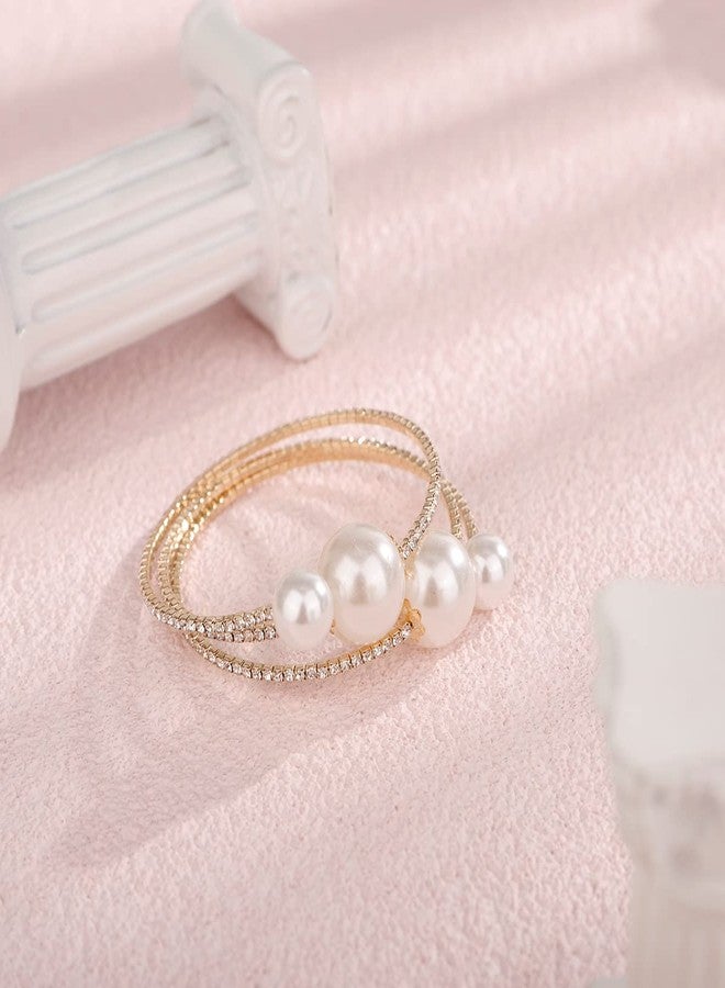 Xerling Big Pearl Bracelets Multi Layered Gold Rhinestones Hand Bracelets for Women Dainty Crystal Hand Jewelry for Wedding Bridal Statement Hand Chain Bracelets (Type B-Gold) - Image 5