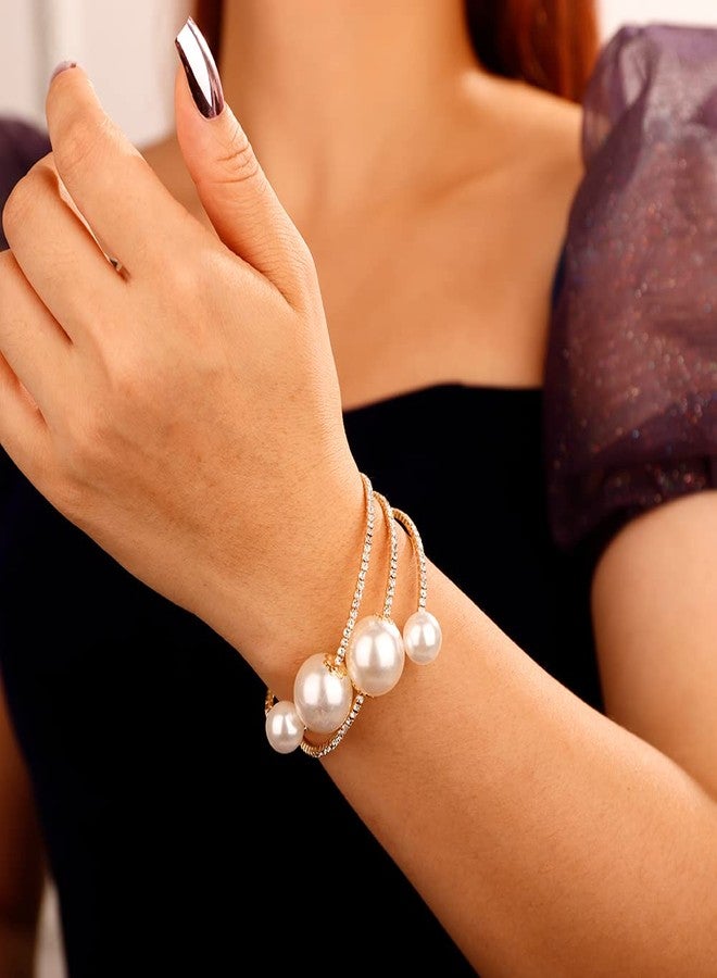 Xerling Big Pearl Bracelets Multi Layered Gold Rhinestones Hand Bracelets for Women Dainty Crystal Hand Jewelry for Wedding Bridal Statement Hand Chain Bracelets (Type B-Gold) - Image 3