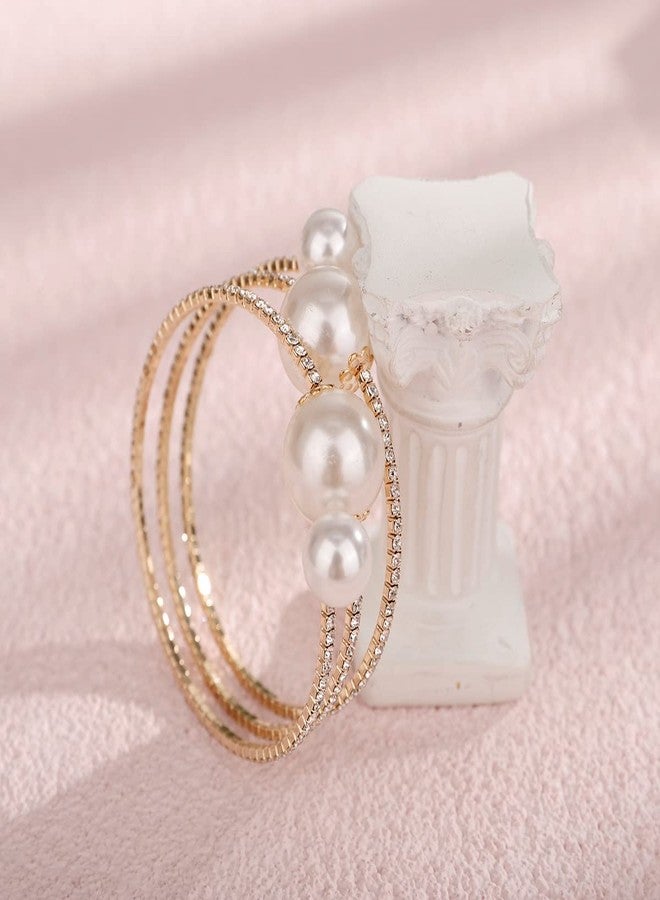 Xerling Big Pearl Bracelets Multi Layered Gold Rhinestones Hand Bracelets for Women Dainty Crystal Hand Jewelry for Wedding Bridal Statement Hand Chain Bracelets (Type B-Gold) - Image 4