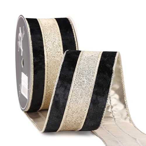 MAYREEL Black Crushed Velvet Wired Ribbon 2.5 Inch Christmas Ribbon with Champagne Gold Glitter Stripe, 10-Yard Roll for Christmas Tree, Wreaths, Garlands, Bows & Elegant Holiday Décor - Image 1