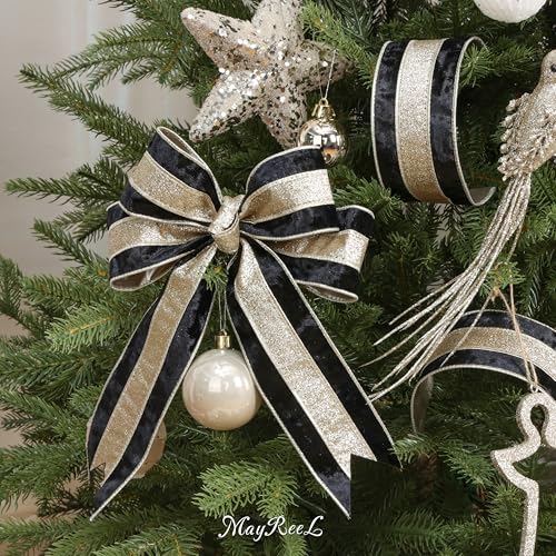 MAYREEL Black Crushed Velvet Wired Ribbon 2.5 Inch Christmas Ribbon with Champagne Gold Glitter Stripe, 10-Yard Roll for Christmas Tree, Wreaths, Garlands, Bows & Elegant Holiday Décor - Image 2