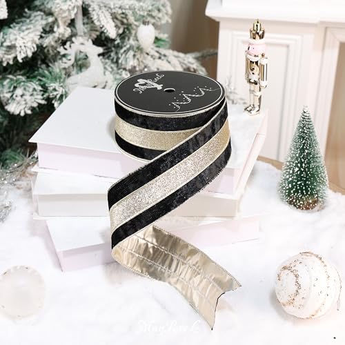 MAYREEL Black Crushed Velvet Wired Ribbon 2.5 Inch Christmas Ribbon with Champagne Gold Glitter Stripe, 10-Yard Roll for Christmas Tree, Wreaths, Garlands, Bows & Elegant Holiday Décor - Image 3