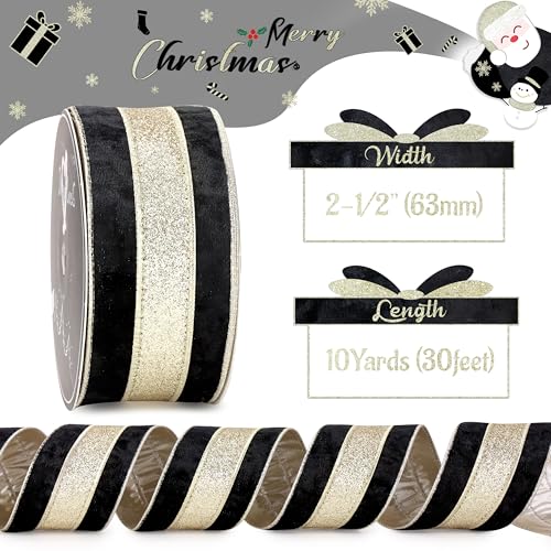 MAYREEL Black Crushed Velvet Wired Ribbon 2.5 Inch Christmas Ribbon with Champagne Gold Glitter Stripe, 10-Yard Roll for Christmas Tree, Wreaths, Garlands, Bows & Elegant Holiday Décor - Image 4