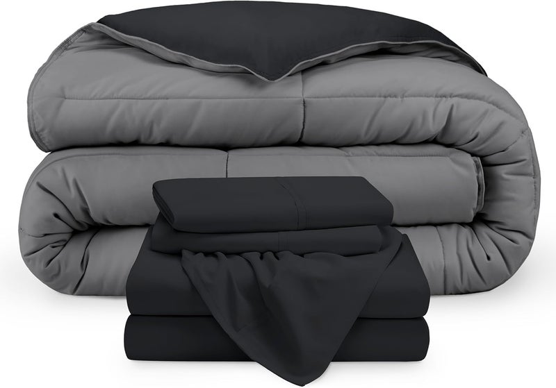 Full Bed Set - 5 Pieces - Comforter 225 * 235,Fitted Sheet 160 * 200, 1 Pillow Case 45 * 160, 2 Pillow Cases 50 * 70 - Elegant and Practical Two Tone Matching Set (Black & Dark Grey) - Image 1