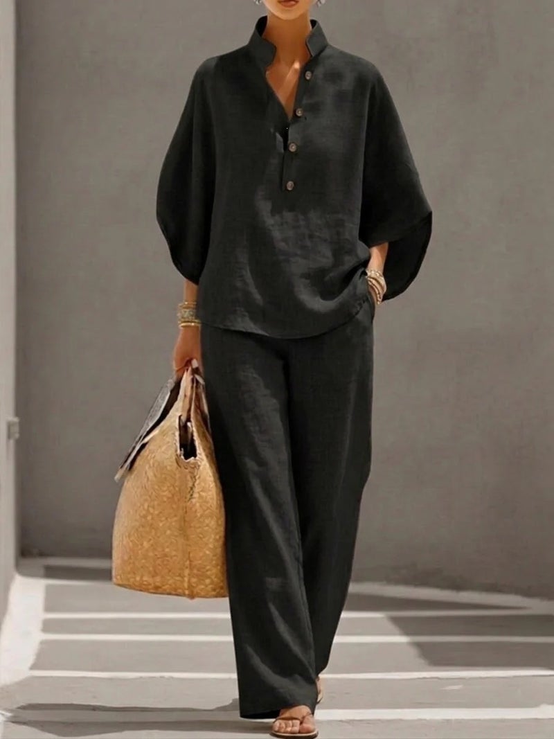 2026 New Casual Urban Set with Flared Sleeve Shirt and Straight-Leg Pants Two-Piece Set for Independent Sites, , and Europe - Image 1