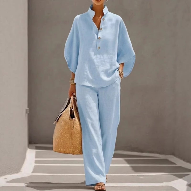 2026 New Casual Urban Set with Flared Sleeve Shirt and Straight-Leg Pants Two-Piece Set for Independent Sites, , and Europe - Image 5