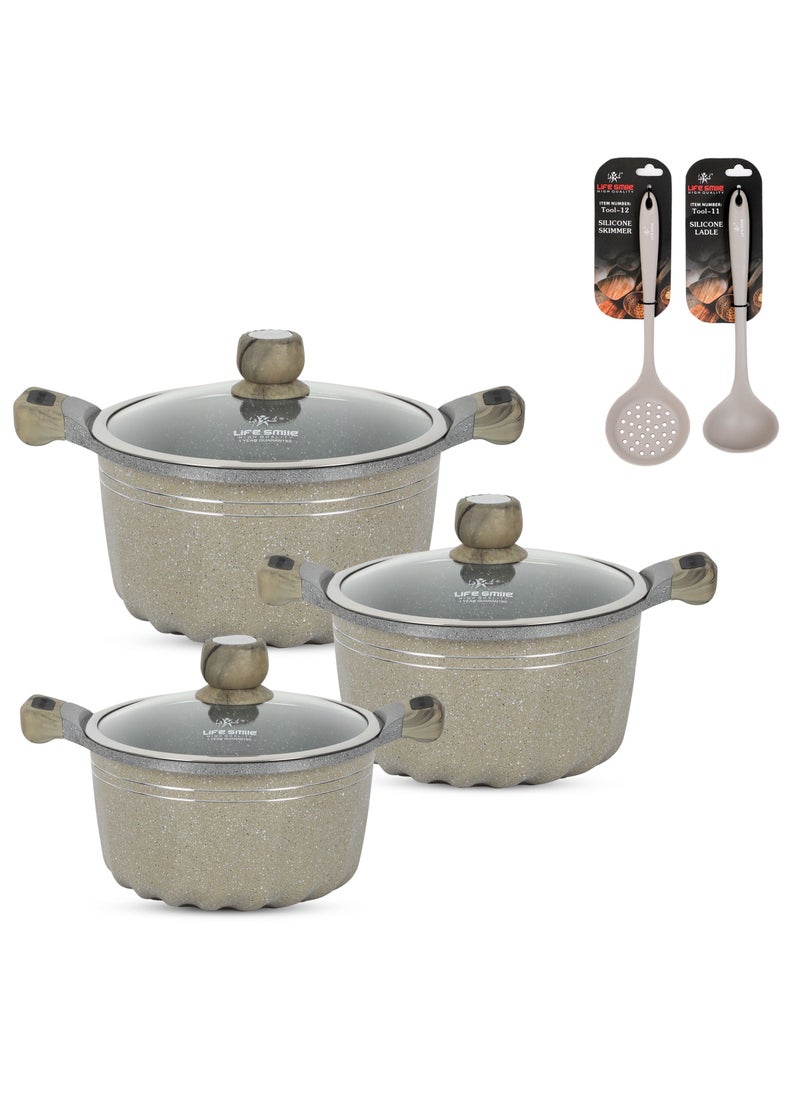 Life Smile - Pans and Pots Set 8 pieces - Cookware set Induction Base, Granite Non Stick Coating, Die Cast aluminum 100% PFOA FREE include Casseroles & Silicone Utensils (Brown (16/20/24CM)) - Image 1