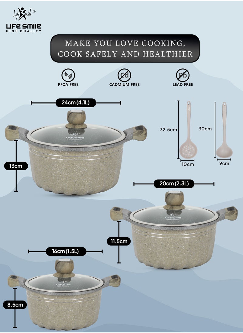 Life Smile - Pans and Pots Set 8 pieces - Cookware set Induction Base, Granite Non Stick Coating, Die Cast aluminum 100% PFOA FREE include Casseroles & Silicone Utensils (Brown (16/20/24CM)) - Image 1