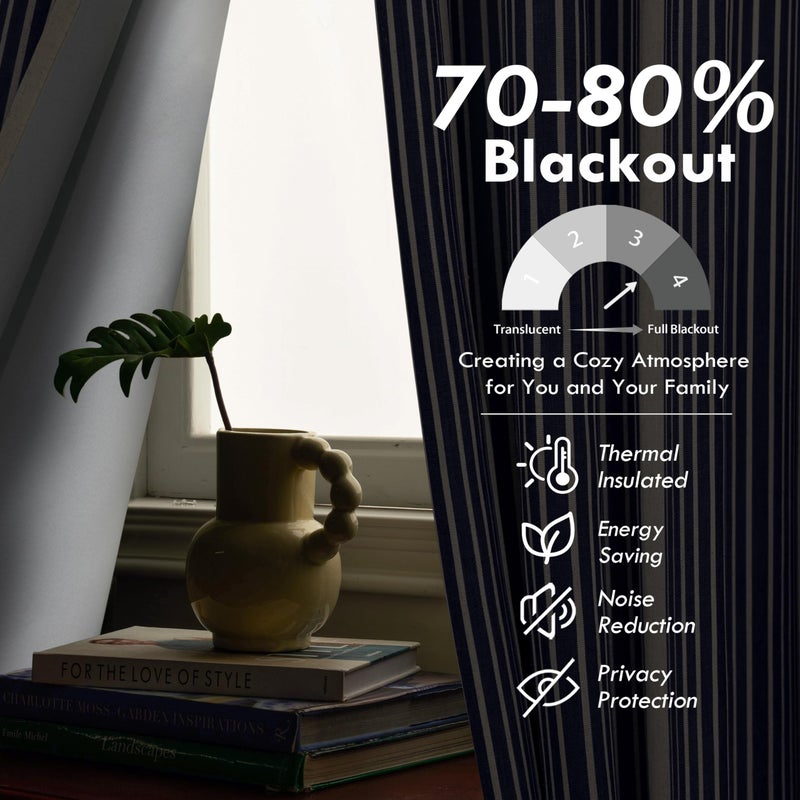 DriftAway Chris Linen Blackout Curtains with Thermal and Sound Reducing Layer 54 Inches Long for Bedroom Striped Printed Drapes Thermal Insulated Lined Window Treatments for Living Room Dark Blue - Image 5