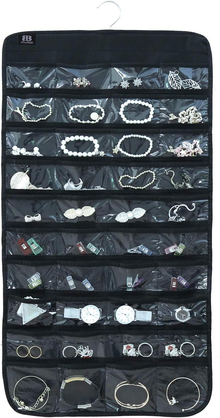 Blendmix Hanging Jewelry Organizer 48-Pocket Dual-sided Jewelry Storage for Jewelry Earring Necklace Bracelet Ring Storage Travel Holder, BLACK - Image 1