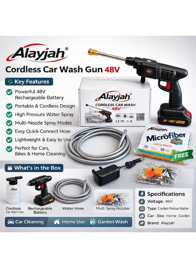 Alayjah, 1 Year Warranty, 5 Gift Microfibers, Rechargeable Washing Gun,  Free Fast Delivery, 5M Hose, 48V, For Car AC Floor Cleaning 10200230 - Image 3