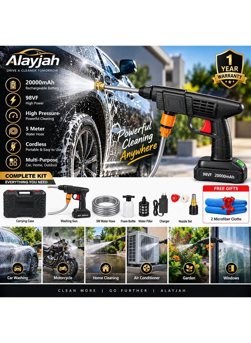 Alayjah 1-Year Warranty, Rechargeable Car Washing Gun with 2 Free Microfiber Cloths, High-Pressure Cordless Portable Electric Pressure Washer, 20,000mAh Battery, 98VF, 5M Hose, Free Next-Day Delivery, 10200230 - Image 2