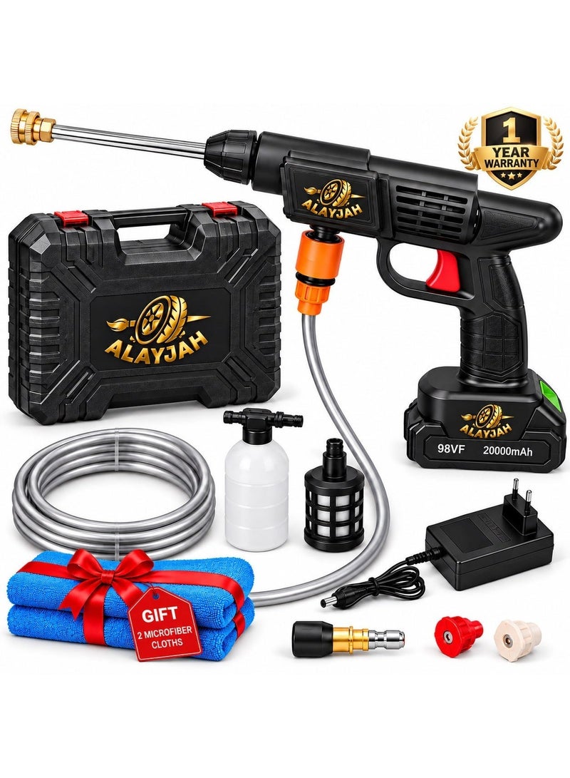 Alayjah 1-Year Warranty, Rechargeable Car Washing Gun with 2 Free Microfiber Cloths, High-Pressure Cordless Portable Electric Pressure Washer, 20,000mAh Battery, 98VF, 5M Hose, Free Next-Day Delivery, 10200230 - Image 1