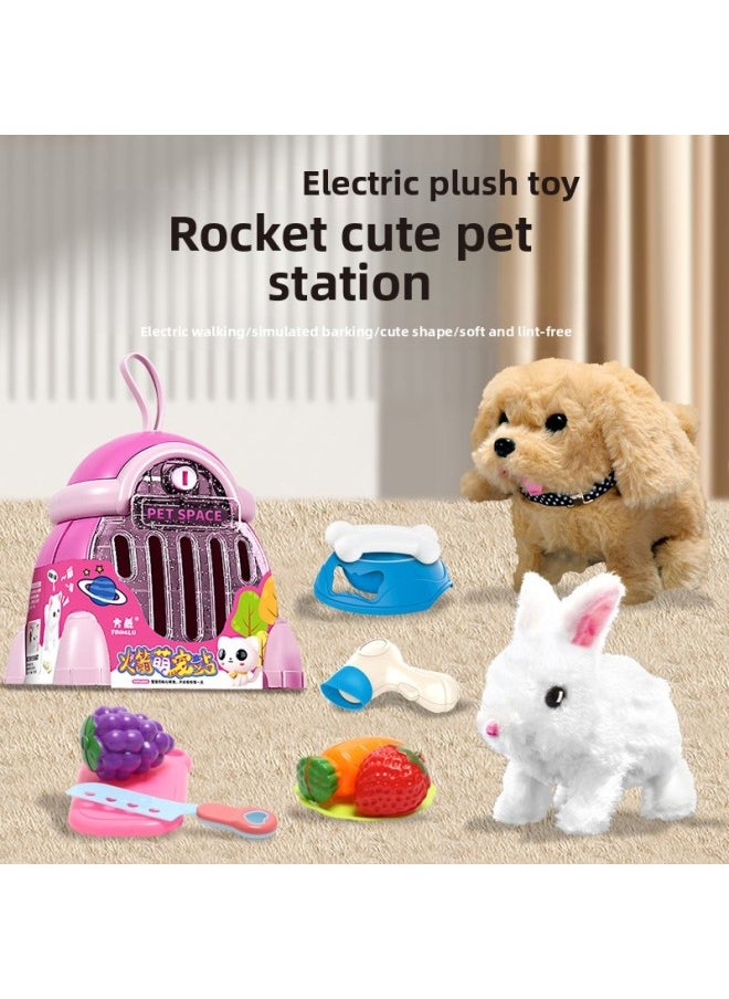 Children's Toy Simulation Cry Plush Electric Dog Bunny Cat Walking Baby Pet Storage Cage-Color:Top With Luxury Charging Version [Bunny] + Storage Rocket House  - Image 1
