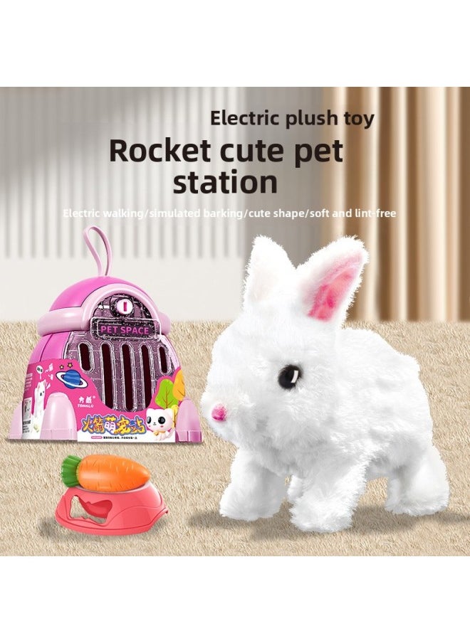 Children's Toy Simulation Cry Plush Electric Dog Bunny Cat Walking Baby Pet Storage Cage-Color:Top With Luxury Charging Version [Bunny] + Storage Rocket House  - Image 5