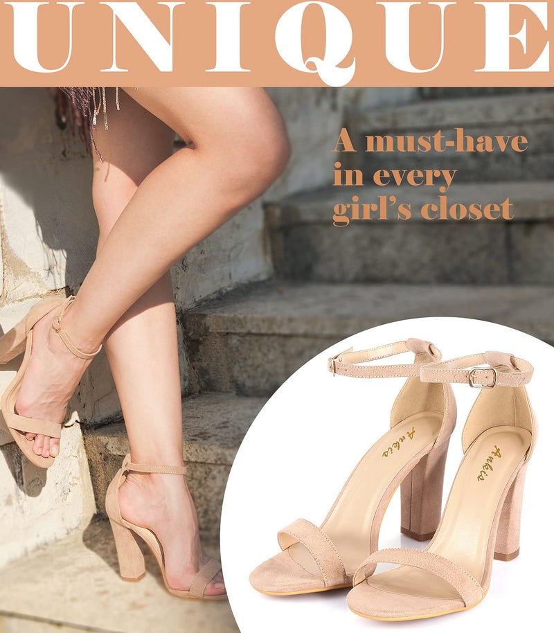 Ankis Nude Heels for Women - Open Toe Ankle Strap Chunky Heel Pump Sandals Party Wedding Strappy Buckle Sandals Standard Size 4 Inches Tall Thick Heel Design - Image 2
