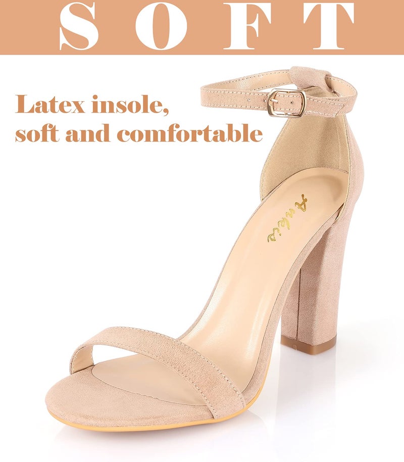 Ankis Nude Heels for Women - Open Toe Ankle Strap Chunky Heel Pump Sandals Party Wedding Strappy Buckle Sandals Standard Size 4 Inches Tall Thick Heel Design - Image 4