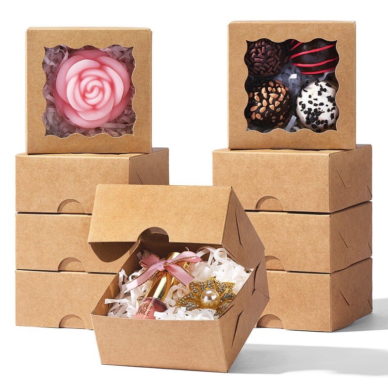 JCXGRVC 100 Count 3"x3"x1.5" Brown Paper Gift Boxes with Clear Window for Homemade Soap, Cookies & Chocolates Truffles & Showcase Your Homemade Treats - Image 1
